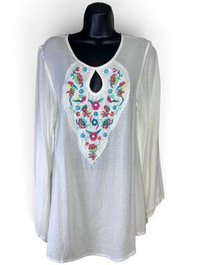 MISSY ROBERTSON Top Sz XL Ivory White Multicolor Embroidered Beaded Flare Sleeve